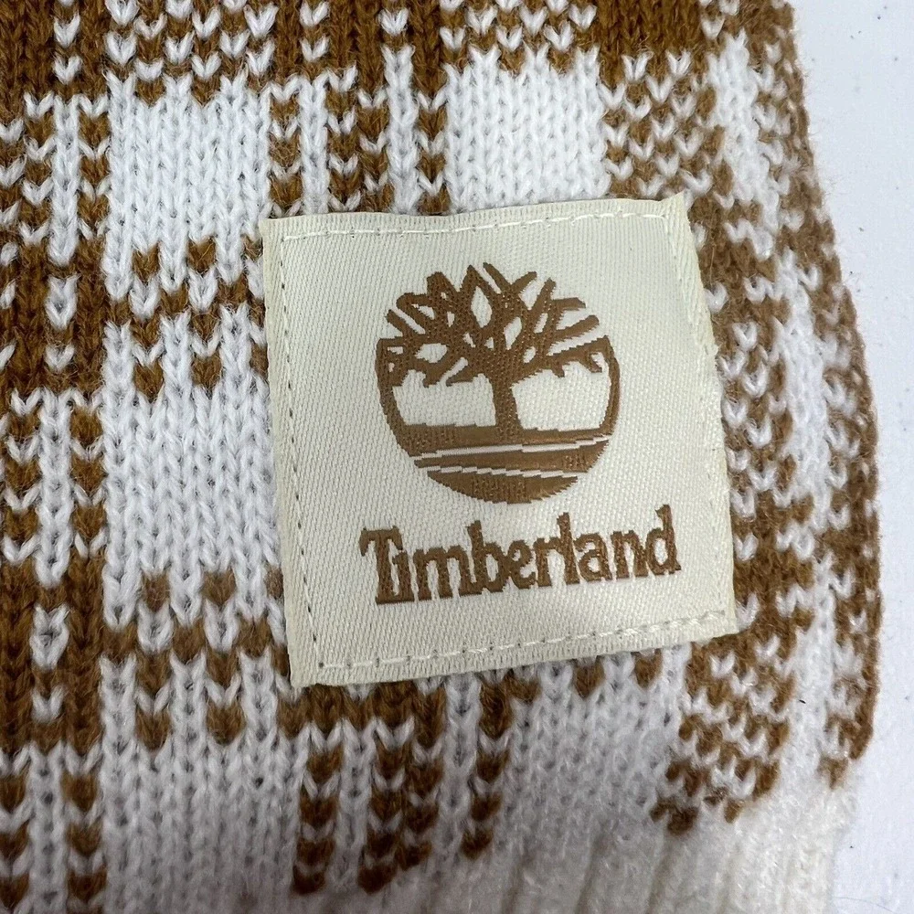 Timberland Scarf Knit Plaid Tan White Acrylic Winter Outdoor Logo Patch Street